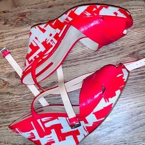 Longchamp wedges red designer printed size 7.5 boho luxury spring resort classic